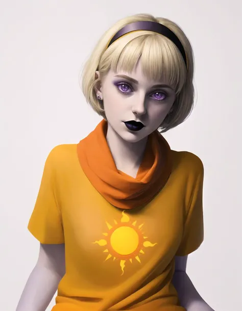 rosegdtr <lora:rosegdtr:1>, sun symbol, (european, caucasian, white woman), 1girl,solo,looking at viewer,short hair,shirt,purple eyes,blonde hair,hairband,orange scarf, (simple background, white background), orange shirt, <lora:more_details:0.4>, black lips, parted lips, wide hips, legs