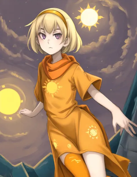 ((anime style)), (rosegdtr) <lora:rosegdtr:0.9>, (sun symbol), light skin, 1girl,solo,looking at viewer,shirt,purple eyes,blonde hair,hairband, (orange scarf), (simple background, white background), ((orange shirt)), <lora:KelvinHiuArtist-20:1>, flat colors, sketch,, ((orange shirt, orange dress, pelvic curtain, wide hips, legwear)), <lora:more_details:0.7>, ((dress)), side slit