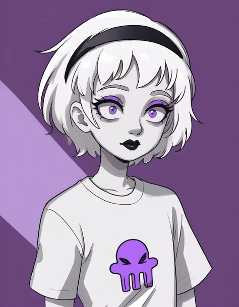 best quality, afterglow, 4k, ((masterpiece)), extremely detailed, 8k, trending on ArtStation, Intricate, High Detail, Sharp focus, rolalstart <lora:rolalstart:1>,symbol on shirt,1girl,solo,purple eyes,short hair,simple background,shirt,hairband,lipstick,white shirt,t-shirt, (white hair),black lips, <lora:more_details:0.5>, white skin, cowboy shot, chubby, outdoors, wide hips,, (Constricted pupils) <lora:constricted_pupils_v0.2a:1>