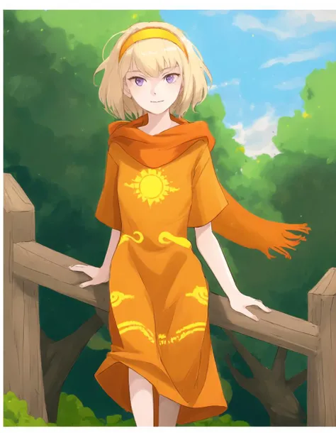 (rosegdtr) <lora:rosegdtr:1.1>, (young girl), (teenager), (18 years old french woman), ((sun symbol)), light skin, 1girl,solo,looking at viewer,shirt,purple eyes,blonde hair,hairband, (orange scarf), (nature, outdoors), ((orange shirt)), <lora:more_details:0.4>,  wide hips, legs, (orange dress), pelvic curtain, short sleeves, legwear, (orange clothes), (print on shirt, printed shirt), (hoodie)