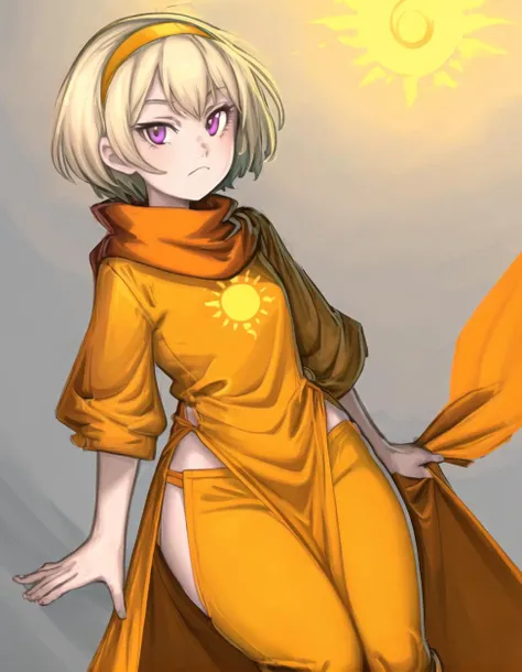 ((anime style)), (rosegdtr) <lora:rosegdtr:0.9>, (sun symbol), light skin, 1girl,solo,looking at viewer,shirt,purple eyes,blonde hair,hairband, (orange scarf), (simple background, white background), ((orange shirt)), <lora:KelvinHiuArtist-20:1>, flat colors, sketch,, ((orange shirt, orange dress, pelvic curtain, wide hips, legwear)), <lora:more_details:0.7>, ((dress)), (orange pants, skin-tight)