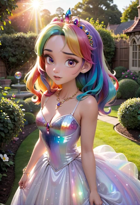 modisn disney, a beautiful woman with rainbow hair, iridescent pupils, shimmering motes of light, ball gown, tiara, jewelry, necklace, in a garden, sunrise