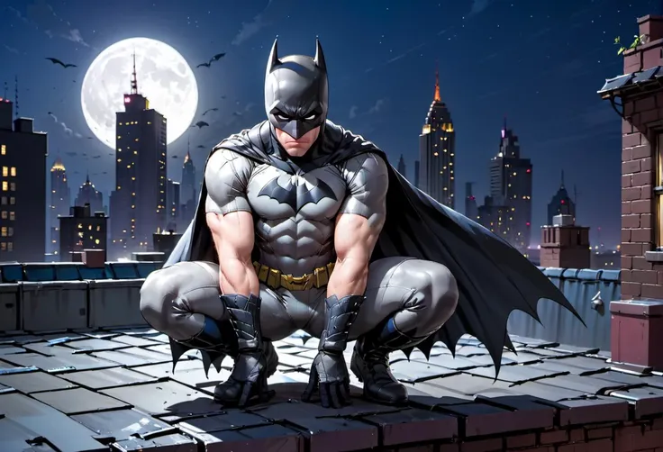 Batman crouching on a rooftop at night, looking down