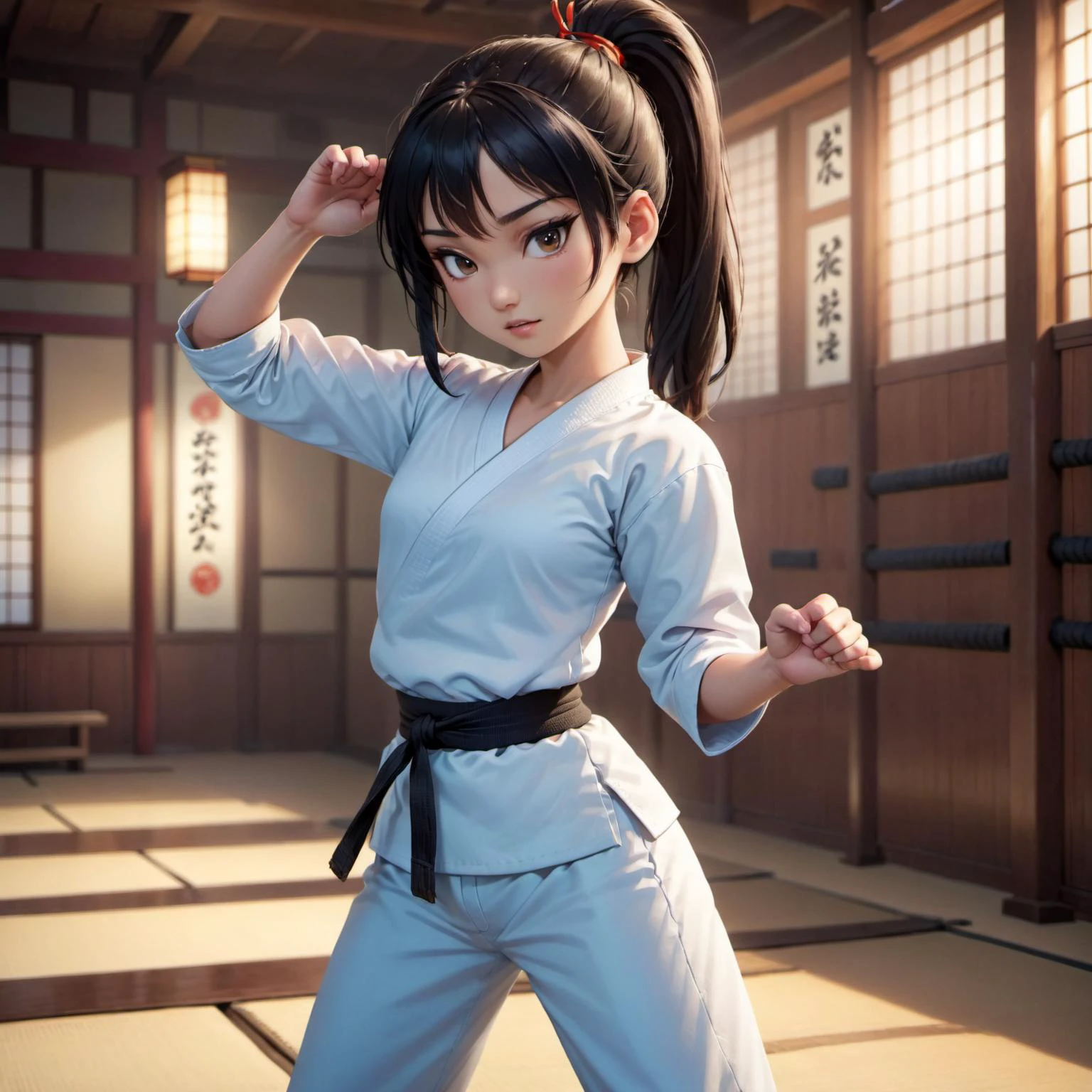 anime artwork full body shot, realistic photography of a female asian karate fighter, long black hair, ponytail, in a dojo, training, strike a pose, cinematic light, detailed, perfect face, <lora:ahxl_v1:1> . anime style, key visual, vibrant, studio anime, highly detailed