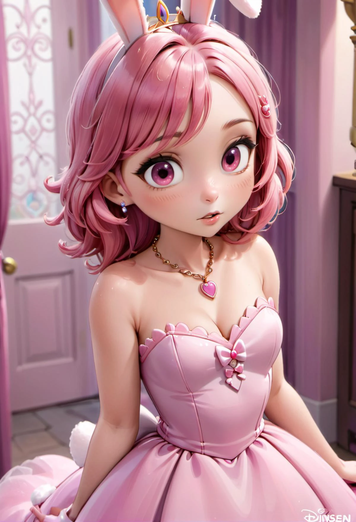 modisn disney, <lora:Pippa Pipkin XL1.0:0.7> pipkin pippa, pink hair, bunny ears, pink eyes, ball gown, tiara, jewelry, necklace