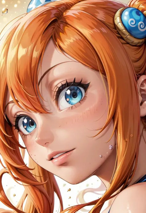 nami, one piece, kiss, looking at viewer, shimmering eyes
