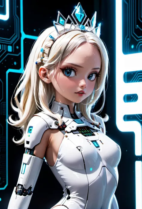 beautiful android female, white plastic skin, exposed electronics, fiber optic hair, circuit board tiara, scifi dress