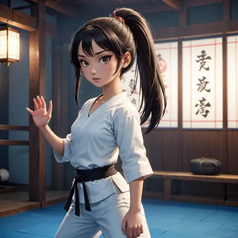 anime artwork full body shot, realistic photography of a female asian karate fighter, long black hair, ponytail, in a dojo, training, strike a pose, cinematic light, detailed, perfect face, <lora:ahxl_v1:1> . anime style, key visual, vibrant, studio anime, highly detailed