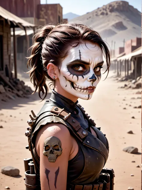 cinematic film still dystopian postapocalyptic fallout wasteland, dry fuzzy skin, beautiful woman mercenary with skull face painting, shallow depth of field, vignette, highly detailed, high budget Hollywood film, cinemascope, moody, epic, gorgeous <lora:hairdetailer:1> <lora:more_details:0.4>