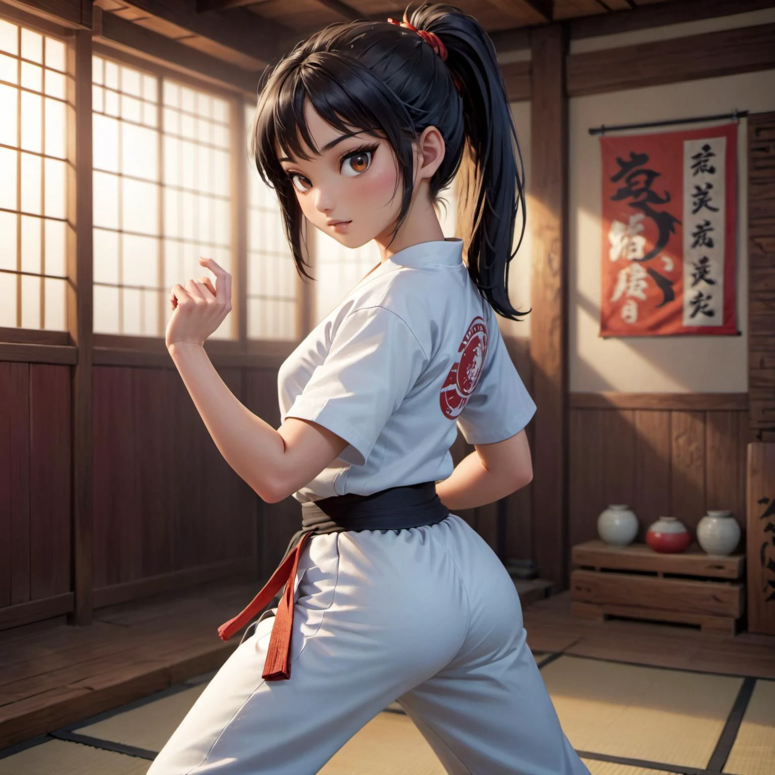 anime artwork full body shot, realistic photography of a female asian karate fighter, long black hair, ponytail, in a dojo, training, strike a pose, cinematic light, detailed, perfect face, <lora:ahxl_v1:1> . anime style, key visual, vibrant, studio anime, highly detailed