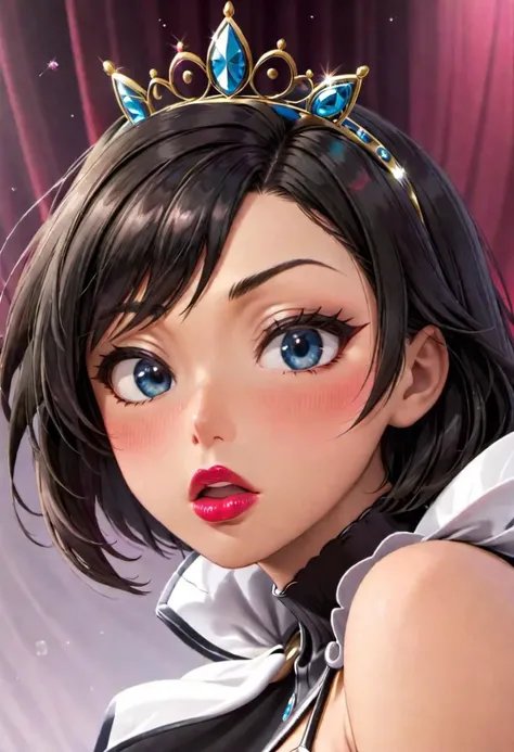 Mikasa, pouting, glossy skin, lipstick, kiss, big lips, looking at viewer, shimmering eyes, tiara,