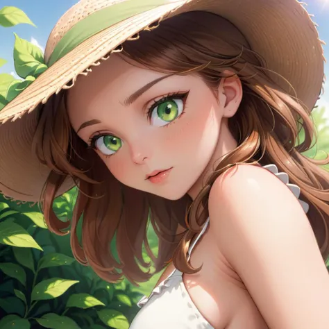 brown hair, 1girl, sun hat, green eyes