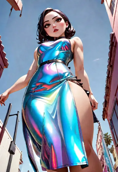 (view from below:4.5), ((fish eye lens)), woman wearing a tight short dress, looking at viewer, shimmering eyes, pouting, glossy skin, hand on waist, gothic makeup, black lipstick, ((feet)), view under the dress,
pureerosface_v1, FastNegativeV2, Fixhand, iridescent, Perfect Hands, ah1
