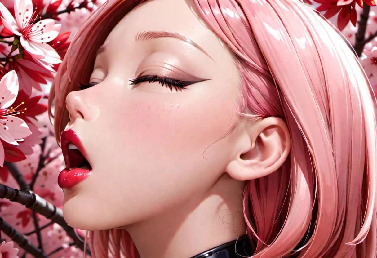 Sakura, pouting, glossy skin, lipstick, kiss, big lips, looking at viewer, closed eyes,