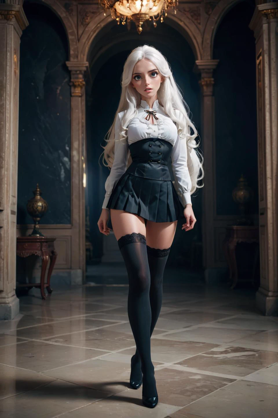 (found footage DOF, Aperture, character, hypermaximalist, slutty, beautiful, exotic, revealing, appealing,:1.3), (provocative legwear:1.3), (full body photo:1.3), dynamic scene, action packed, solo, <lora:DDR_Fashion:0.3>, AnalogRedmAF <lora:AnalogRedmondV2-Analog-AnalogRedmAF:0.1> BREAK dark, deep shadow, by lee jeffries nikon d850 film stock photograph 4 kodak portra 400 camera f1.6 lens rich colors hyper realistic lifelike texture dramatic lighting trending on artstation cinestill 800 black skirt, black stockings, small breasts, (happy:0.1), dark colors, exposure blend 1woman, ultra detailed 8k cg, ultra realitsic, masterpiece, spotlight, royal palace, cinematic lighting, cinematic bloom, professional photography, absurdly long hair, very long hair, white hair <lora:add-detail-xl:1.0> <lora:DetailedEyes_V3:1.0>, perfect eyes <lora:perfect-eyes:0.3>