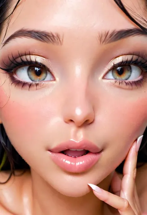 elegant woman, mascara, eyeliner, eyes half closed, soft lips, big lips, orgasm, (extreme close up), looking at the viewer, facing the viewer, center shot, soft, glossy, oily, lip bite, kiss, ((hands on chin)), 
pureerosface_v1, FastNegativeV2, Fixhand, Perfect Hands, ah1