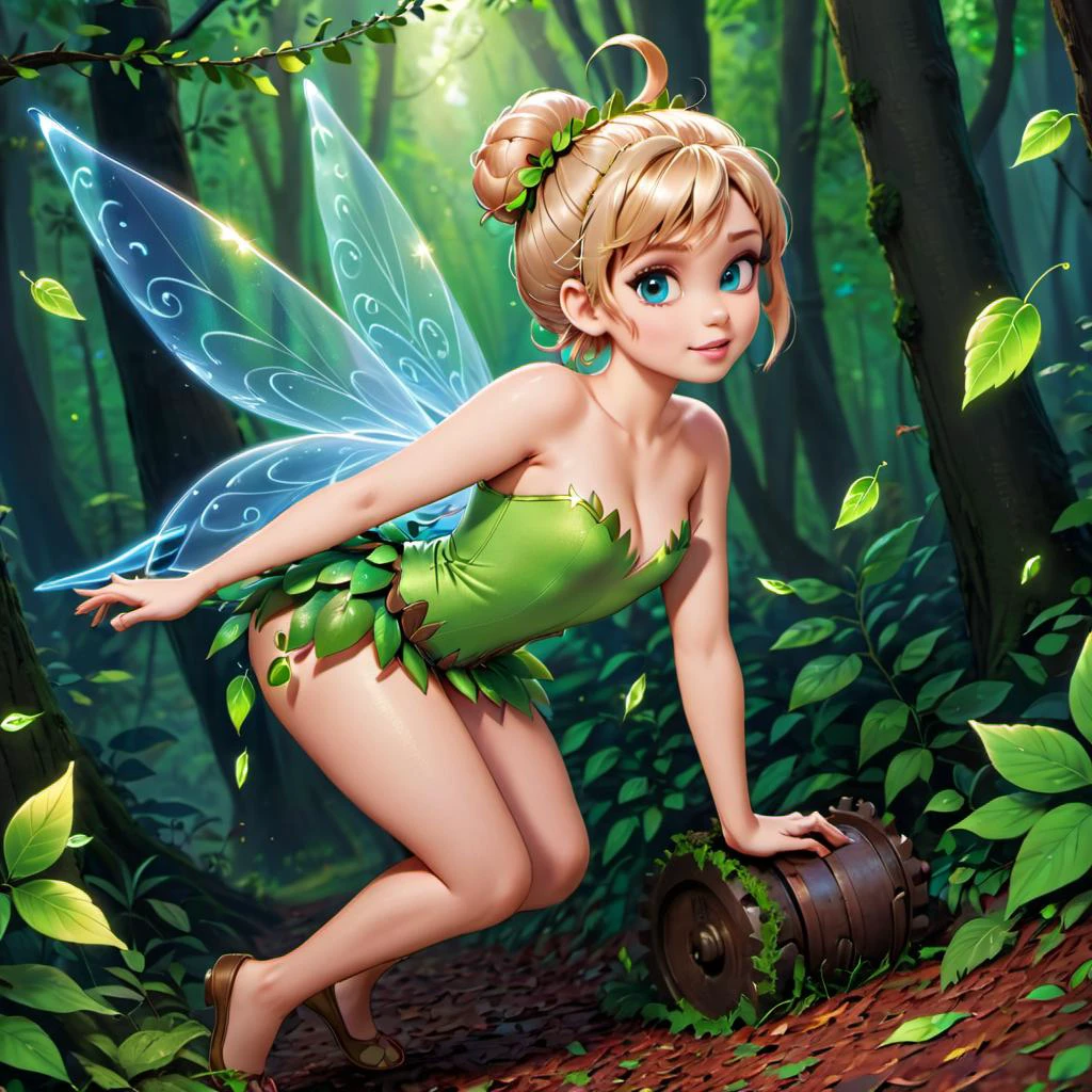 masterpiece, 8k, perfect ligthing, , adult, female, looking at viewer, cinematic lighting, full body shot, (TinkerBell:1.5), (TinkerBellWaifu:1.1), single hair bun, (green clothes), ((clothes made from leaves)), (fairy wings:1.2), pointy ears, blue eyes, (detailled eyes:1.2), tinkering in the forest, (tinkering:1.6), Gears, leavers, pulleys, blush, (shrunken), <lora:TinkerBellDisney-06:0.6> <lora:realisticGlossyFaceSkin_rseromanticRsesofiko:0.3><hypernet:empty:0.5>