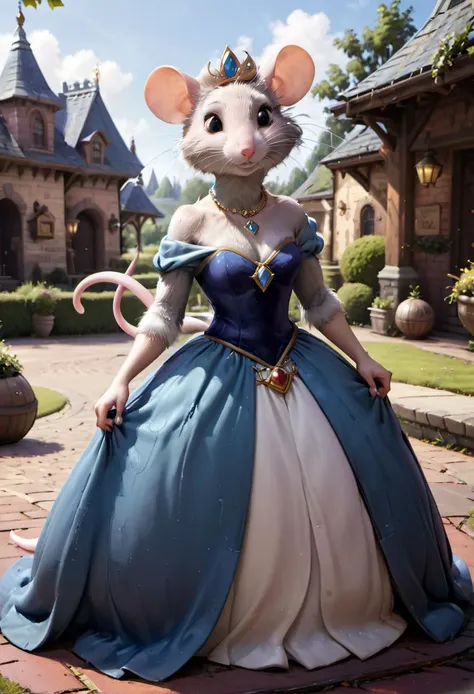 modisn disney, <lora:RPGRatFolkXL:.7> rat folk. rat tail. furry., ball gown, tiara, jewelry, necklace, outdoors