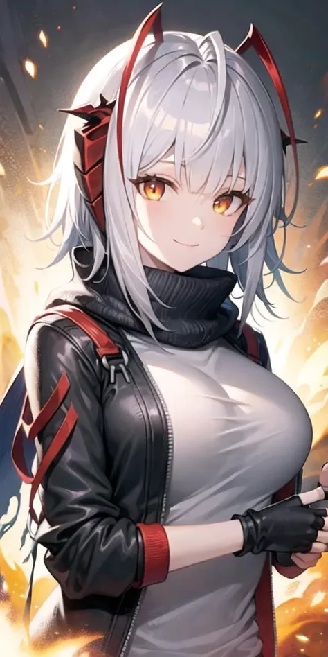 <lora:w_locon_v1a:0.7>,1girl, black gloves, black jacket, breasts, closed mouth, explosion, fingerless gloves, gloves, grey shirt,  jacket, large breasts, long sleeves, looking at viewer, open clothes, open jacket, orange eyes, shirt, smile,upper body, scarf, short hair, medium breasts,black scarf, bangs, red eyes,upper body, hands on side