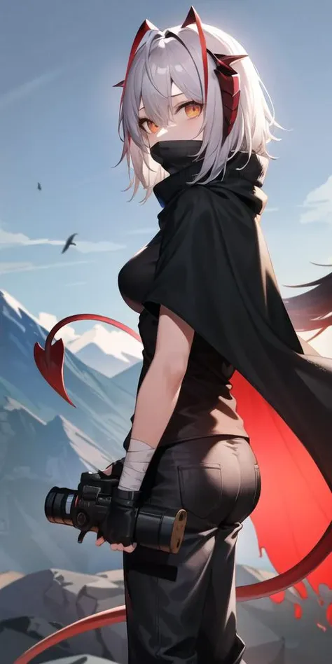 <lora:w_locon_v1a:0.7>,1girl, bandaged arm, bandages, bird, black cloak, black pants, black shirt, breasts, cloak, covered mouth, cowboy shot, demon tail, explosive, grenade, hair between eyes, hair over mouth, holding, holding grenade, kirrrara, looking at viewer, medium breasts, motion blur, mountain, official alternate costume, pants, red eyes, shirt, short hair, short sleeves, solo, tail, wind, cape,black cape, outdoors, orange eyes, from side, black scarf, scarf, black skirt, skirt, fingerless gloves