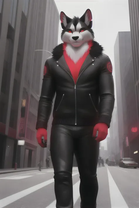 deuzear, male close up face, smiling, red glowing patterns, black eyes, (white furs and ears), (((3/4 view, three-quarter view, strong rim light, city blurry background, walking, relaxed, night, dark scene))), ESAO, unreal engine 5 quality render, a 3D render, ultra realistic furs, realistic lighs, ultra detailed