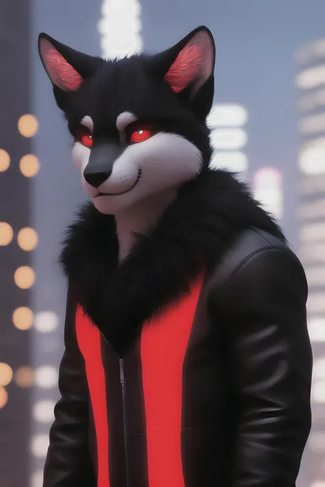 deuzear, male close up face, smiling, red glowing patterns, black eyes, (white furs and ears), (((3/4 view, three-quarter view, strong rim light, city blurry background, walking, relaxed, night, dark scene))), ESAO, unreal engine 5 quality render, a 3D render, ultra realistic furs, realistic lighs, ultra detailed
