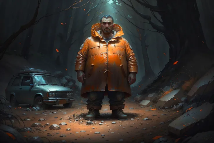 orange00d, (art by Frdric Fiebig:1.2), ground level shot of a Depressing rotund Niko Bellic, background is Campground, Guilty, <lora:orange00d-000008:1>