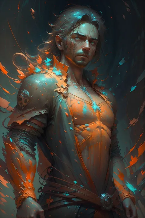 orange00d, art by Dan Dos Santos, Chalk painting, Octane render, Concept art, High exposure of a Man, at Blue hour, Angry, <lora:orange00d-000008:1>