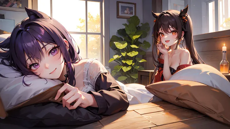 masterpiece, best quality, detailed, indoors, ADDBASE
keqing (genshin impact), purple hair, purple eyes, bed, pillow, 1girl, very long hair, twintail, smile, happy, cute face, beautiful detailed face, beautiful detailed eyes, shiny skin, lustrous skin, <lora:keqing_lion_optimizer_dim64_loraModel_5e-3noise_token1_4-3-2023:0.5>, ADDCOL
plants, window, ADDCOL
hu tao(genshin impact), brown hair, orange eyes, bed, pillow, 1girl, very long hair, twintail, smile, happy, cute face, beautiful detailed face, beautiful detailed eyes, shiny skin, lustrous skin, <lora:hutao_v2:0.5>, ADDROW
bed, ADDROW
ADDCOL
wooden floor