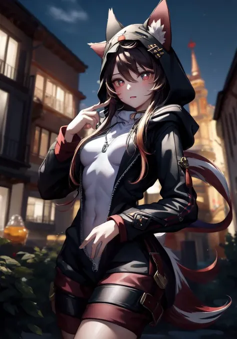 (((masterpiece))), 4k res, highly detailed, (((extremely detailed eyes))), detailed background, cinematic lighting, high quality, best quality, 4k, super detailed,focus sharp,RTX, 8K, beautiful face, 1girl, <lora:wooflamp:0.8> wooflamp, small breasts, hutao, red eyes, twintails,brown hair,black suit,,hood, zipper open, tail cat, <lora:add_detail:1>, <lora:hutao_v2:1>
