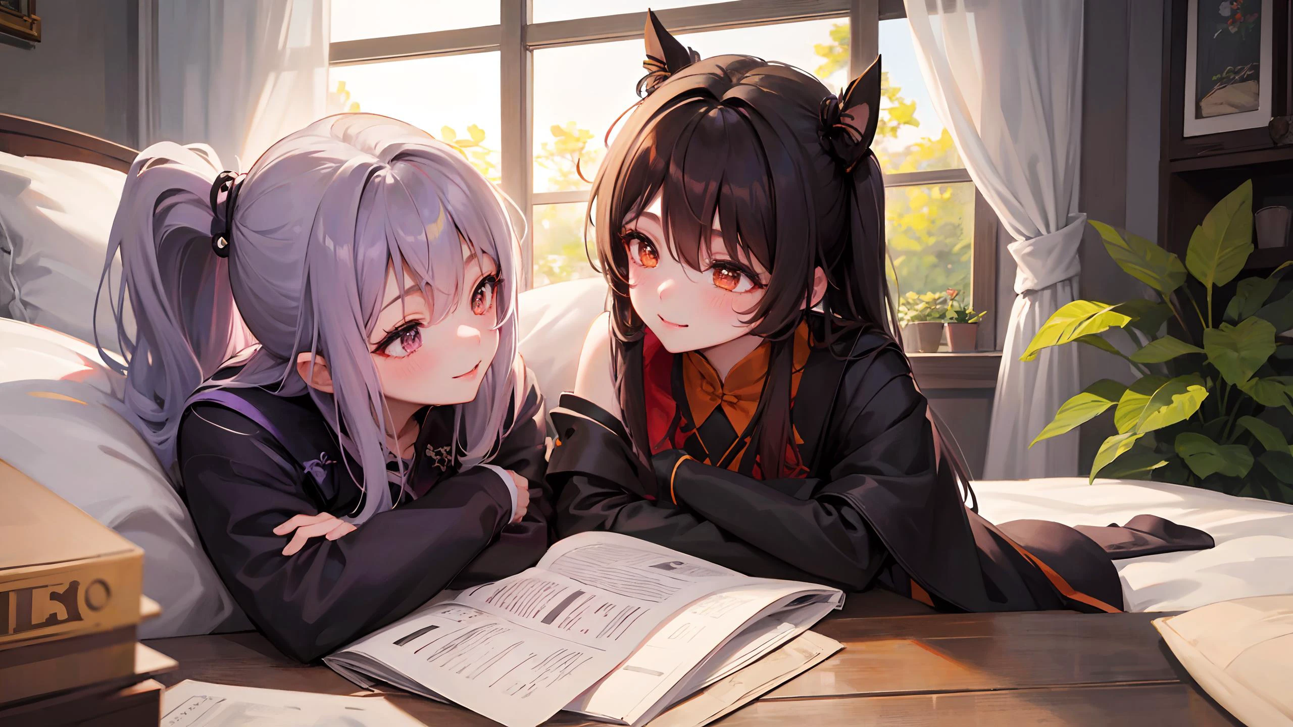 masterpiece, best quality, detailed, indoors, ADDBASE
keqing (genshin impact), purple hair, purple eyes, bed, pillow, 1girl, very long hair, twintail, smile, happy, cute face, beautiful detailed face, beautiful detailed eyes, shiny skin, lustrous skin, (couple, kissing:1.5) <lora:keqing_lion_optimizer_dim64_loraModel_5e-3noise_token1_4-3-2023:0.5>, ADDCOL
hu tao(genshin impact), brown hair, orange eyes, bed, pillow, 1girl, very long hair, twintail, smile, happy, cute face, beautiful detailed face, beautiful detailed eyes, shiny skin, lustrous skin, (couple, kissing:1.5) <lora:hutao_v2:0.5>, ADDCOL
plants, window, food ADDROW
bed, ADDROW
flowers, ADDCOL
wooden floor