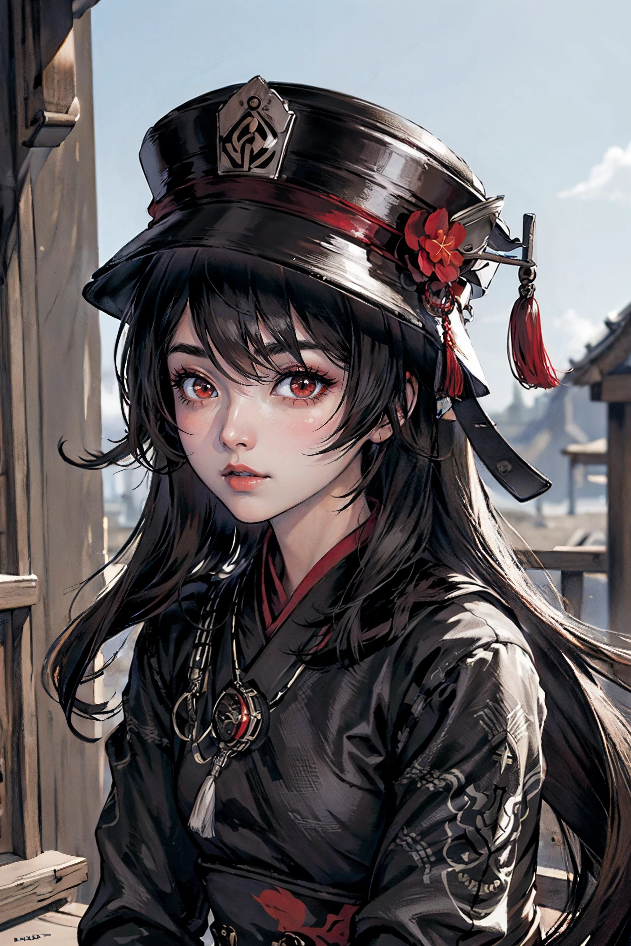 ((masterpiece)), ((best quality:1.2)), hutao (genshin impact), <lora:hutao_v2:0.8>, black_hair, red_eyes, cute, portrait, upper body, hat,