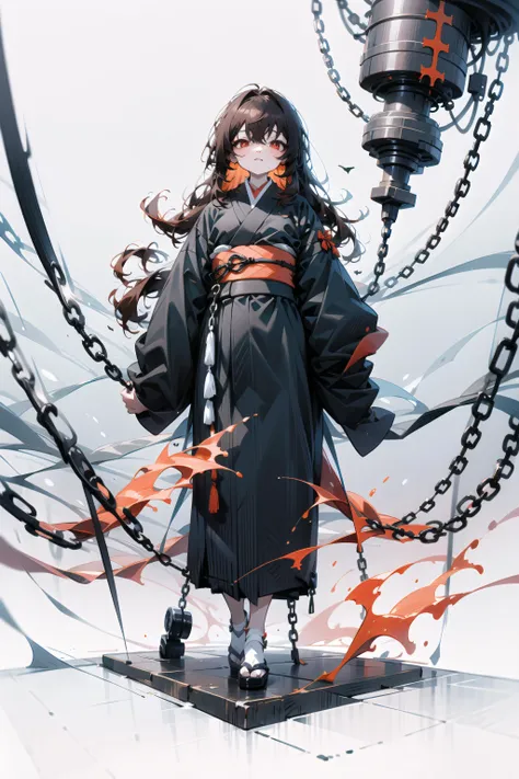 <lora:beautifulDetailedEyes_v10:0.3>,  (masterpiece), dark hair, long hair, red eyes, chain background, goddess, <lora:gachaSplashLORA_v40:1>, [(white background:1.5), ::5], (long shot), isometric, full body, kimono,<lora:huTaoGenshinImpact_v12:1.0>