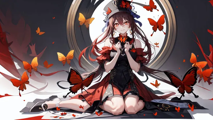 realistic, photo, (masterpiece, 4k, 8k, ultra hires, exremely detailed, good shadow, good light, deep shadow, unreal, high resolution, ultra detailed, best quality, ultra high res, visually stunning, beautiful, award-winning art, best quality, stunningly beautiful:1.2), 1girl, <lora:hutao_v2:1>, hu tao(genshin impact), boo tao, symbol shaped pupils, (red butterfly:1.4), (sitting, wariza), (made of red colors:1.45), detailed_eyes, looking at viewer, (red lycoris:1.6), hat, flower on hat,brown hair, twintails, full body, (holding a red lycoris), ((black background)), light smile,