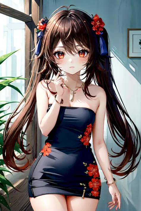 1girl,<lora:strptubedress-10:0.8>,strapless tube dress,<lora:hutao_v2:1>,hu tao (genshin impact),symbol-shaped pupils,red eyes,long hair,brown hair,twintails,blush,flower-shaped pupils,jewelry,