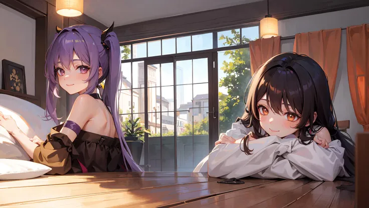 masterpiece, best quality, detailed, indoors, ADDBASE
keqing (genshin impact), purple hair, purple eyes, bed, pillow, 1girl, very long hair, twintail, smile, happy, cute face, beautiful detailed face, beautiful detailed eyes, shiny skin, lustrous skin, <lora:keqing_lion_optimizer_dim64_loraModel_5e-3noise_token1_4-3-2023:0.5>, ADDCOL
plants, window, ADDCOL
hu tao(genshin impact), brown hair, orange eyes, bed, pillow, 1girl, very long hair, twintail, smile, happy, cute face, beautiful detailed face, beautiful detailed eyes, shiny skin, lustrous skin, <lora:hutao_v2:0.5>,  ADDROW
bed, ADDROW
wooden floor