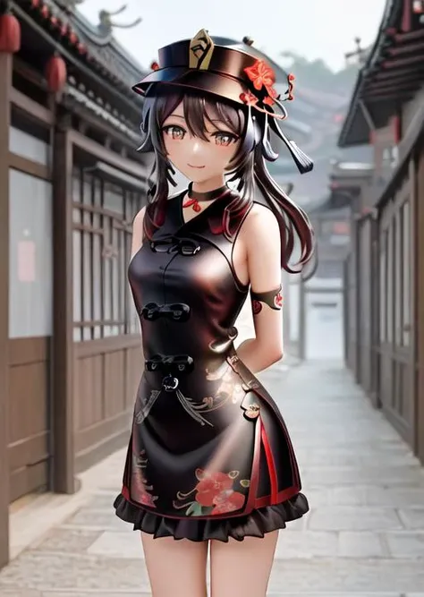 masterpiece, best quality, extremely detailed, hu tao \(genshin impact\), standing, backround is a traditional chinese street, cowboy shot, flower-shaped_pupils, black_choker, (arms behind back:1.2), (smile:0,8), black coat, hat <lora:huTaoGenshinImpact_v12:0.8>,