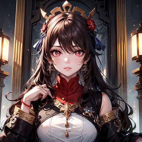 (best quality), ((masterpiece)), (highres), extremely detailed girl, solo,High Detail,beautiful detailed eyes, (ultra-detailed) ,illustration, best lighting,(dynamic angle)(full background),
1girl, hu tao(genshin impact), symbol shaped pupils, red eyes, brown hair,
,king, looking at viewer, holding, jewelry, earrings, bracelet, crown, throne ,<lora:hutao_v2:0.45>, <lora:add_detail:1.15>