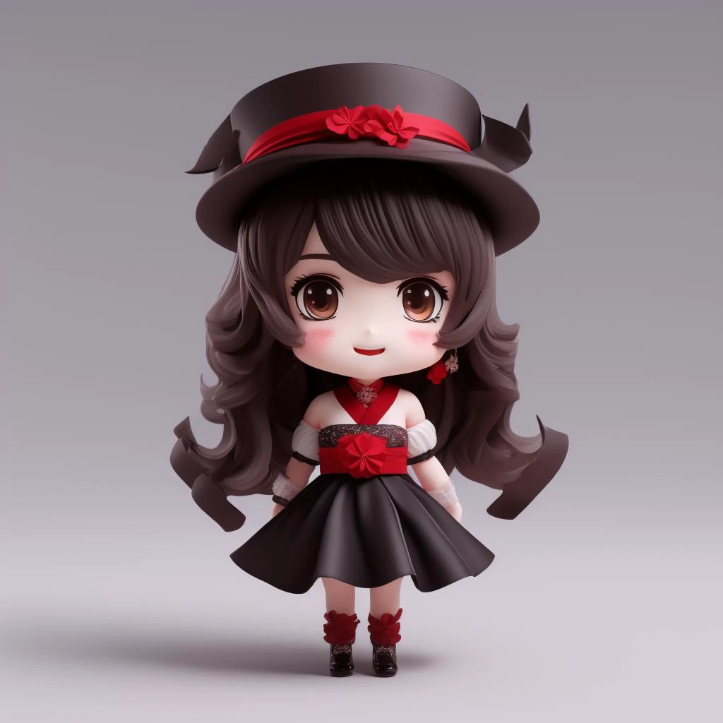 chibi figure, <lora:figure_chibi:0.8>, 1girl, hu tao (genshin impact), hat, flower on hat,brown hair, twintails, smile, dress, long hair, off-shoulder dress, ahoge, looking at viewer, red dress, bare shoulders, grin, red eyes, flower-shaped pupils, blush, bangs, choker, collarbone, solo, nail polish, black nails, ribbon choker, bow, hair between eyes, hair ornament, sidelocks, cleavage, wrist ribbon, very long hair, teeth, cowboy shot <lora:hutao_v2:0.8>