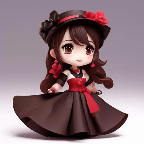 chibi figure, <lora:figure_chibi:0.8>, 1girl, hu tao (genshin impact), hat, flower on hat,brown hair, twintails, smile, dress, long hair, off-shoulder dress, ahoge, looking at viewer, red dress, bare shoulders, grin, red eyes, flower-shaped pupils, blush, bangs, choker, collarbone, solo, nail polish, black nails, ribbon choker, bow, hair between eyes, hair ornament, sidelocks, cleavage, wrist ribbon, very long hair, teeth, cowboy shot <lora:hutao_v2:0.7>
