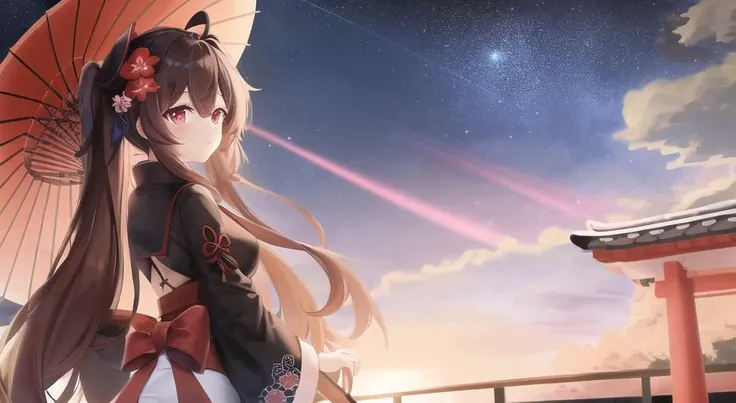 (masterpiece) ,best quality ,hu tao(genshin impact),1gir ,hat , twintail , long hair , flower on hat ,brown hair, red eyes , symbol shaped pupils , flower shaped pupil,highres,8k, ultra quality , realistic , looking back , solo, winter yukata, umbrella, winter landscape in the background, boo tao<lora:hutao_nai:0.7>