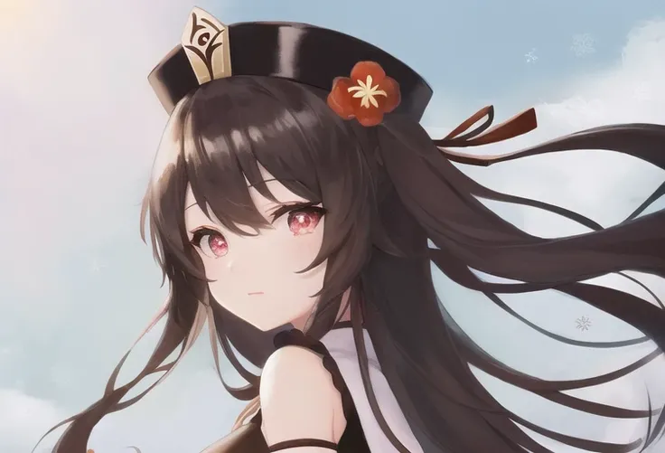 (masterpiece) ,best quality ,hu tao(genshin impact),1gir ,hat , twintail , long hair , flower on hat ,brown hair, red eyes , symbol shaped pupils , flower shaped pupil,highres,8k, ultra quality , realistic , looking back , solo, winter yukata, winter landscape in the background, (boo tao:1.1)<lora:hutao_nai:0.7>