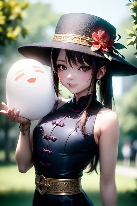 <lora:genshin-huTao:0.8>,(skindentation:1.3),best quality, 1girl,outdoors,(in a park:1.2),trees, flowers, dynamic pose,smile,parted lips,looking at viewer,sharp focus,(8k), (4k), (Masterpiece), (Best Quality), fantasy, extremely detailed, intricate, hyper detailed, (perfect face), illustration,soft lighting,(specular lighting:1.4), hu tao(genshin impact), hat, flower, boo tao,