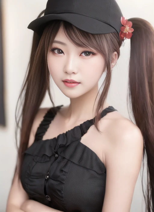 (RAW photo:1.2), ((photorealistic:1.4), (masterpiece:1.3), (best quality:1.4), ultra high res, (detailed facial features), (detailed clothes features), HDR, 8k resolution, shiny skin, masterpiece, best quality, 1girl, hu tao (genshin impact), casual outfit, alternative outfit, clear sky upper body, black blouse , black nails, brown hair, long hair, nail polish, jewelry, looking at the viewers, ((twintails)), blush, flower-shaped pupils, red eyes:1.2, flower<lora:huTaoGenshinImpact_v1:1.1>, bare shoulders, black hat,