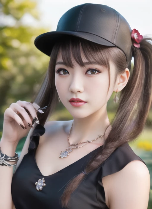 (RAW photo:1.2), ((photorealistic:1.4), (masterpiece:1.3), (best quality:1.4), ultra high res, (detailed facial features), (detailed clothes features), HDR, 8k resolution, shiny skin, masterpiece, best quality, 1girl, hu tao (genshin impact), casual outfit, alternative outfit, outdoor, clear sky upper body , portrait , black blouse ,black nails, brown hair, finger ring, long hair, nail polish, straddling, jewelry, looking at the viewers, ((twintails)), blush, flower-shaped pupils, red eyes:1.2, flower<lora:huTaoGenshinImpact_v1:1.1>, bare shoulders, black hat,