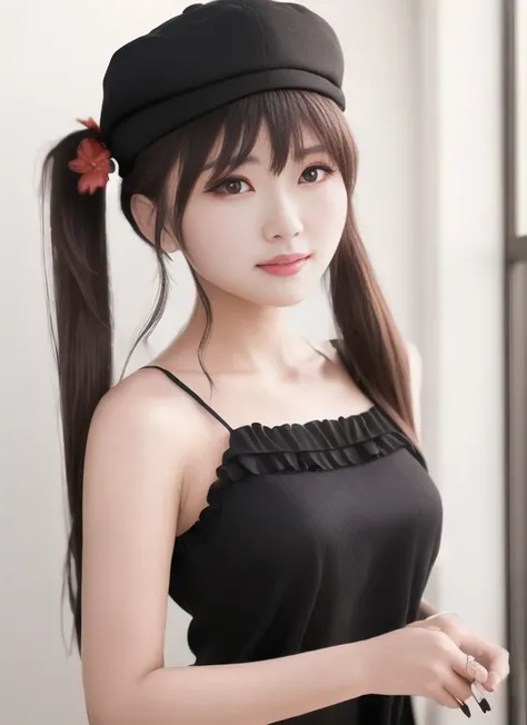 (RAW photo:1.2), ((photorealistic:1.4), (masterpiece:1.3), (best quality:1.4), ultra high res, (detailed facial features), (detailed clothes features), HDR, 8k resolution, shiny skin, masterpiece, best quality, 1girl, hu tao (genshin impact), casual outfit, alternative outfit, clear sky upper body, black blouse , black nails, brown hair, long hair, nail polish, jewelry, looking at the viewers, ((twintails)), blush, flower-shaped pupils, red eyes:1.2, flower<lora:huTaoGenshinImpact_v1:1.1>, bare shoulders, black hat,