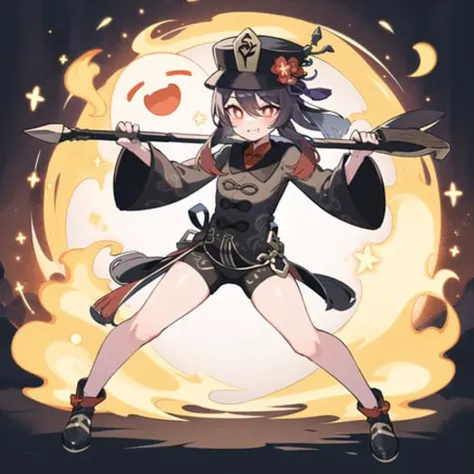 2d, masterpiece, best quality, anime, highly detailed face, highly detailed eyes, highly detailed background, perfect lighting, full body, 1girl, solo, hu tao \(genshin impact\), flower-shaped pupils, symbol-shaped pupils, black shorts, chinese clothes, bare legs, hat, fighting stance, fire, magic, flower field, smile, (boo tao:1.2), holding polearm <lora:hu tao:0.7> <lora:thick line anime:0.7>