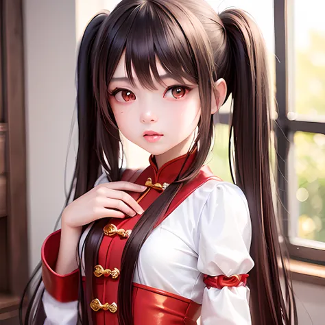 young girl, (Hu Tao:1.1), Petite, Slender, brown hair, long hair, twintails, red eyes, (detailed facial features),(teen age:1.4), small hands, Traditional Chinese-style outfit, Puffy sleeves, Gold details, Red details, Elegant, (detailed clothes features), (RAW photo:1.2), (photorealistic:1.4), (best quality:1.4), ultra high res, (masterpiece:1.3), hdr, pureerosface_v1, <lora:huTaoGenshinImpact_v1:1>