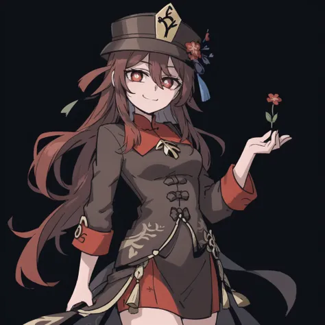 2d, masterpiece, best quality, anime, highly detailed eyes, highly detailed face, black background, perfect lighting, cowboy shot, feet out of frame, 1girl, solo, standing, hu tao \(genshin impact\), symbol-shaped pupils, flower-shaped pupils, hat, red flower, red eyes, smug, light smile <lora:hu tao:0.7> <lora:helltaker:0.4>