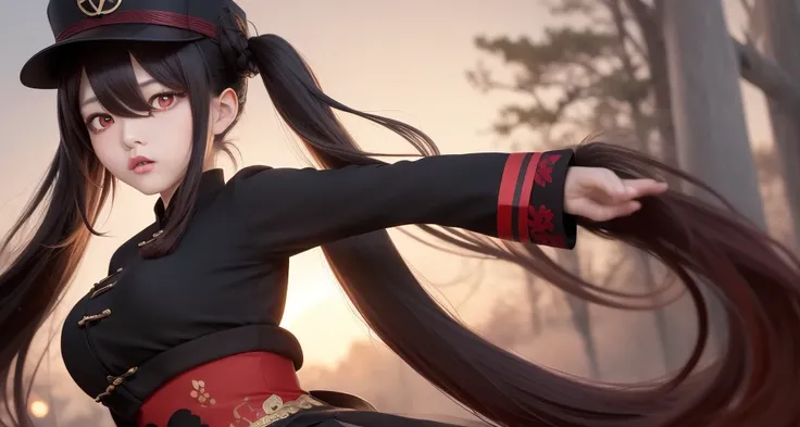 hu tao (genshin impact), boo tao, hat, red eyes, twintails, brown hair, solo, symbol-shaped pupils, long hair, bangs, black shorts , chinese clothes, best quality, masterpiece, detailed, floating hair, upper body, detailed face, beautiful eyes, fall season, trees, sunset, flat boobs
<lora:huTaoGenshinImpact_v12:0.4>